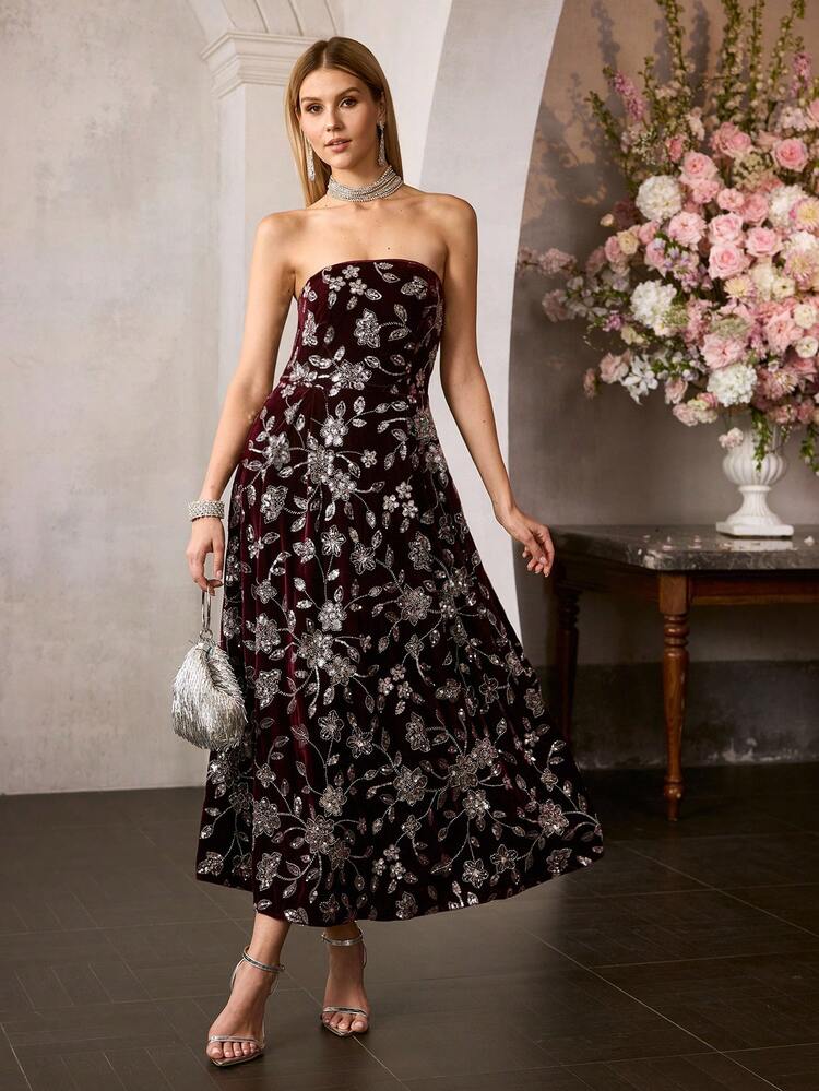 MOTF Soiréza WOMEN'S PARTY STRAPLESS CONTRAST SEQUINS BEADED EMBROIDERED DRESS