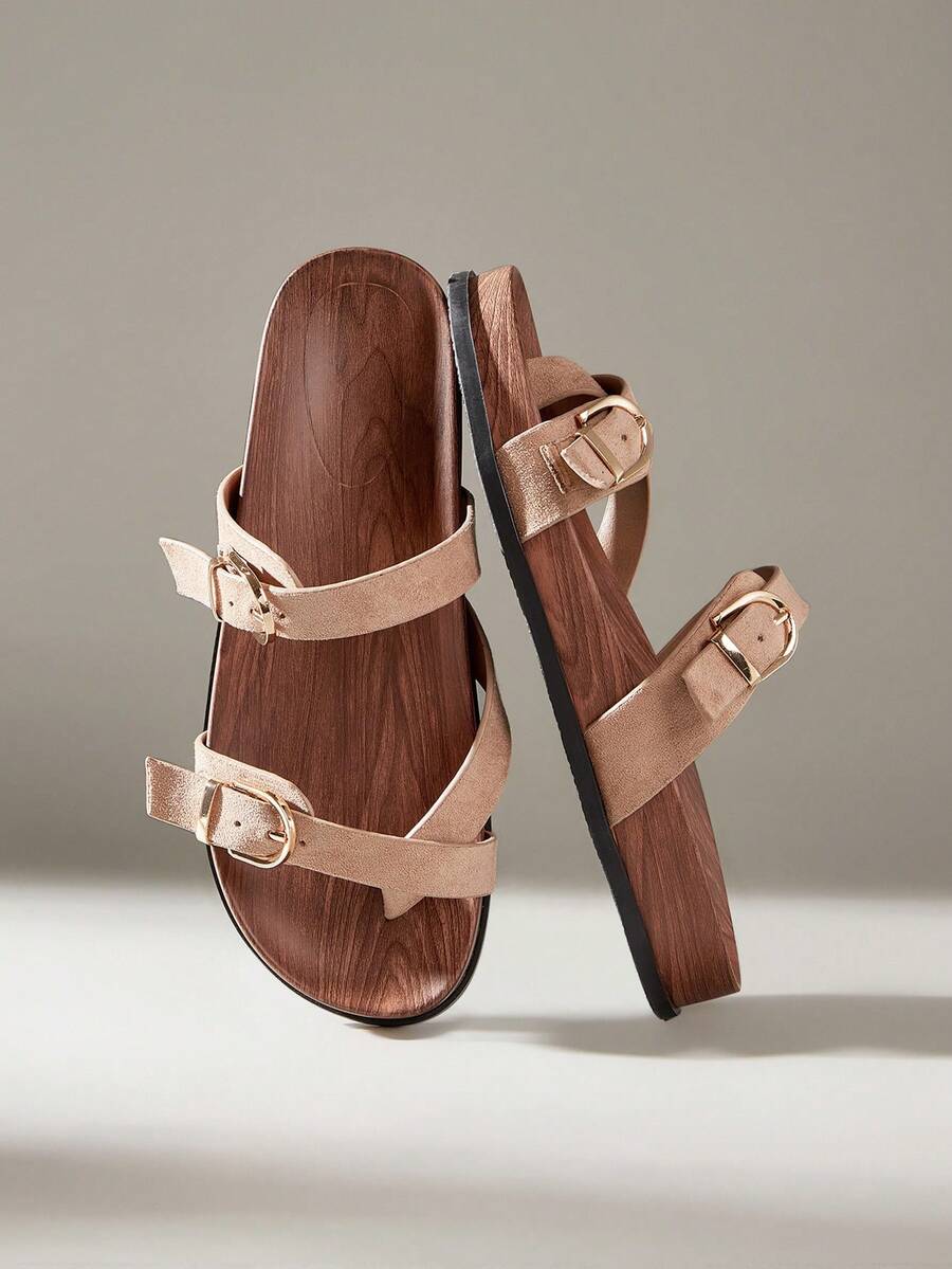 Solecia 女士休闲交叉绑带平底凉鞋，适合夏季、海滩、度假 - 卡其色 - 查看 1