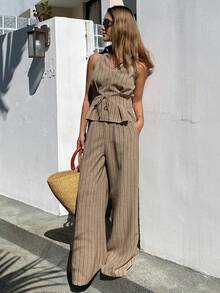 Livesso Bộ 2 món áo công sở cổ bẻ kẻ sọc dành cho nữ và quần dài thường ngày. - Màu Khaki - Xem 3