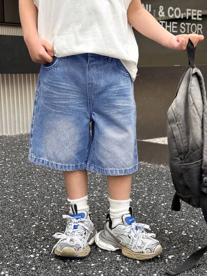 SHEIN Young Boy Summer Retro Vintage Washed Cat Whiskers Loose Fit Blue Denim Bermuda Shorts,Young Boy Spring/Summer Streetwears And Spring Break