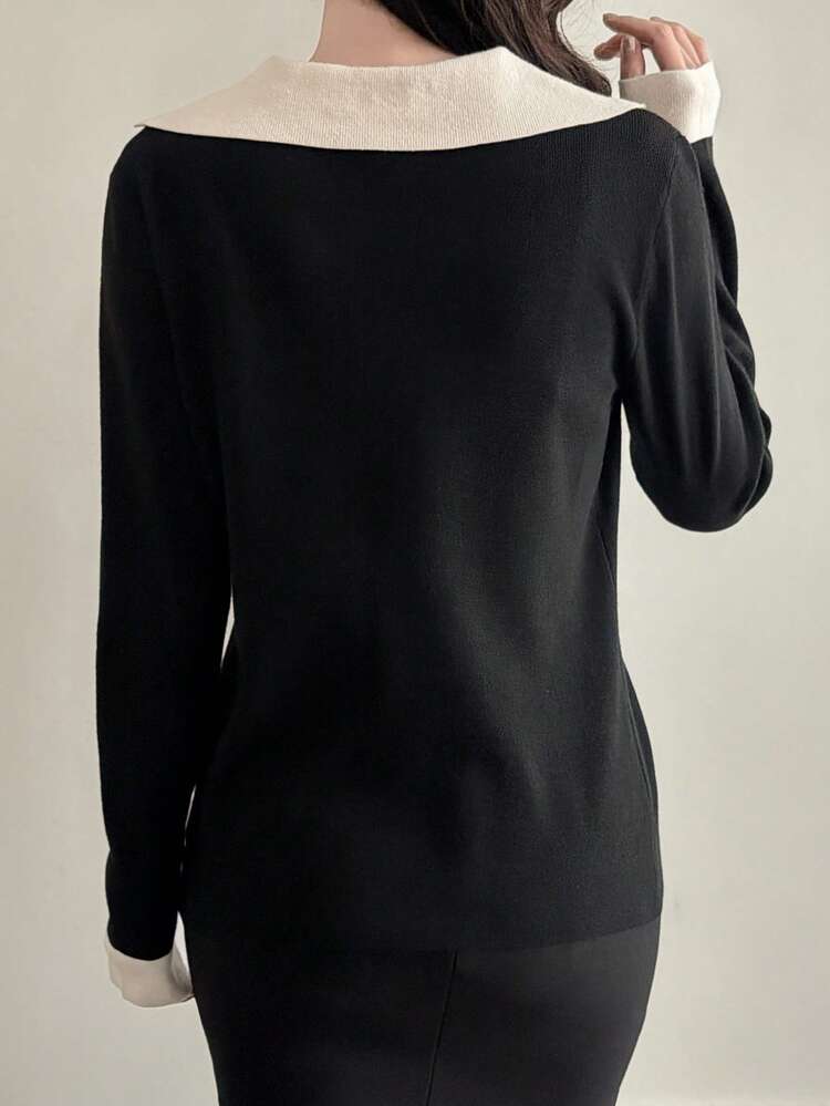 Women's Contrast Color Polo Collar Cardigan, Stylish Slim Fit Long Sleeve Top