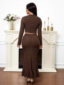 SHEIN Lady 女士纯色圆领单排扣长袖上衣和鱼尾裙法式约会套装 - 棕色 - 查看 2