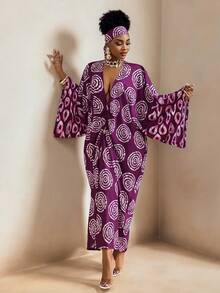 BamGleam Sexig klänning med geometriskt tryck och djup V-ringning för kvinnor, fladdermusärm - Blåröd - Visa 7