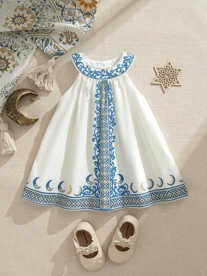 SHEIN 夏季新款女婴无袖刺绣连衣裙，甜美风格，精致花卉图案，适合节日、家庭聚会等场合，打造优雅小公主造型。