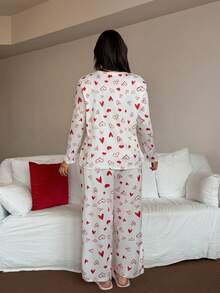 Plus Size Heart Print Crew Neck Long Sleeve Pajama Set, Valentine's Day Print Sleepwear Curve Pajamas Set Women Pjs Set Pajama Sets For Women Long Sleeve Heart Pajama Set Comfy Pajamas Set - Multicolor - View 2