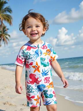 SHEIN Traje de baño de una pieza de manga corta con estampado de tortuga marina para niños pequeños, ideal para vacaciones de verano en la playa o la piscina, traje de baño para bebés niños