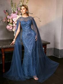 MOTF PREMIUM LUXURY BEADED MERMAID HEM EVENING GOWN - ROUND NECK MAXI PARTY DRESS WITH SHEER LONG FLOWING SLEEVES FOR FORMAL EVENTS - Dusty Blue - View 7