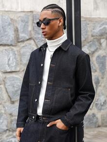 Manfinity EMRG Áo khoác denim ngắn, dáng ôm, rộng, màu xanh đậm, phong cách thường ngày, dành cho người trưởng thành, thích hợp cho mùa thu/đông. - Màu xanh lam - Xem 6