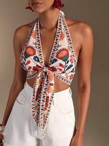 Swim Vcay 春夏新款一体式编织彩色花卉图案露背前系带优雅度假风女士泳装上衣