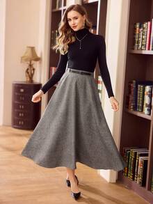 Vintamour Chân váy nữ cổ điển thanh lịch, phong cách thu đông, dáng suông, có thắt lưng, túi, màu xám, kiểu dáng xòe, phù hợp cho công sở. - Xám - Xem 6