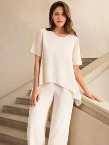 Miaspire Elegant Beige Asymmetrical Two-Piece Set For Women Summer Spring Formal Outfit With Short Sleeve Blouse And Wide Leg Pants, Perfect For Wedding Guest Party Formal Events Going Out - Apricot - View 3
