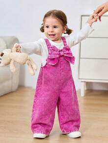 SHEIN Infant/Baby GirlBow Decor Pink Denim Loose Jumpsuit - Pink - View 3