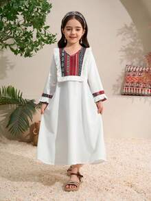 Young Girls' New Geometric Pattern Round Neck Long Sleeve A-Line Casual Maxi Dress, Suitable For Beach Party, Summer - White - View 4