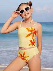 SHEIN Bộ 2 áo tắm cho bé gái, kiểu tankini in hình sinh vật biển dễ thương, thích hợp cho du lịch, nghỉ mát, đi biển mùa hè. - Màu vàng - Xem 6