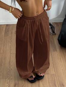 Coolane Women's Summer Minimalist Boho Vacation Outfits Casual Basic Daily Wear Linen Comfortable Low Rise Baggy Pants - Rust Brown - View 2
