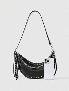 ROMWE Grunge Punk Women's Fashionable And Versatile Shoulder Bag, Suitable For Daily Commute, Travel, Shopping, And Casual Outings - Black - View 3