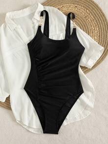 Swim Chiccia Women's Beach Music Festival Black Luminous Fabric Pearl Accessories Pleated Slimming Elegant Dress - Black - View 5