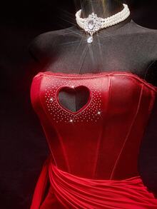 SHEIN ICON Đầm dự tiệc sang trọng, gợi cảm, đính đá hình trái tim, chất liệu satin, màu đỏ, thích hợp cho đám cưới, sinh nhật, kỳ nghỉ, ngày Valentine, hẹn hò, đêm tân hôn dành cho nữ. - Đỏ - Xem 4