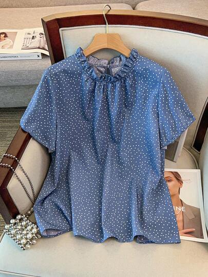 GlowEve CURVE Plus Size Women's Casual Bestselling Black & White Polka Dot Short Sleeve Frill Collar Outdoor Top, Pleated Hem Round Neck Elegant Versatile Slimming Romantic Holiday Blouse, Spring/Summer