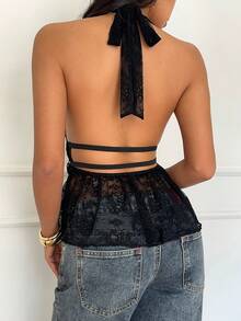 Aloruh 优雅蕾丝吊带背心，浪漫性感露背波西米亚风蕾丝上衣，适合日常穿着和度假，性感黑色Y2K风格上衣，饰有精致闪亮的丝带，蕾丝上衣，优雅度假上衣。 - 黑色 - 查看 2