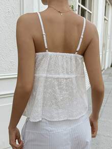 DAZY Women's Summer Vacation, Cotton Lace Patchwork Cinched Waist Camisole Top - Beige - View 2