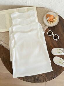 SHEIN Set de 4 camisetas de tirantes casuales y cómodas con gráfico de pájaro para niños, adecuadas para primavera/verano - Blanco - Ver 3