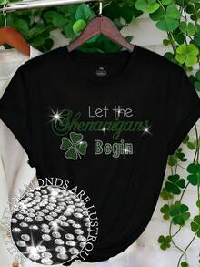 EMERY ROSE Let The Shenanigans Begin St. Patrick's Day Rhinestone Bling T-Shirt,Plus Size Women's Black And White,Summer,Smart Casual,Holiday T-Shirt - Black - View 1