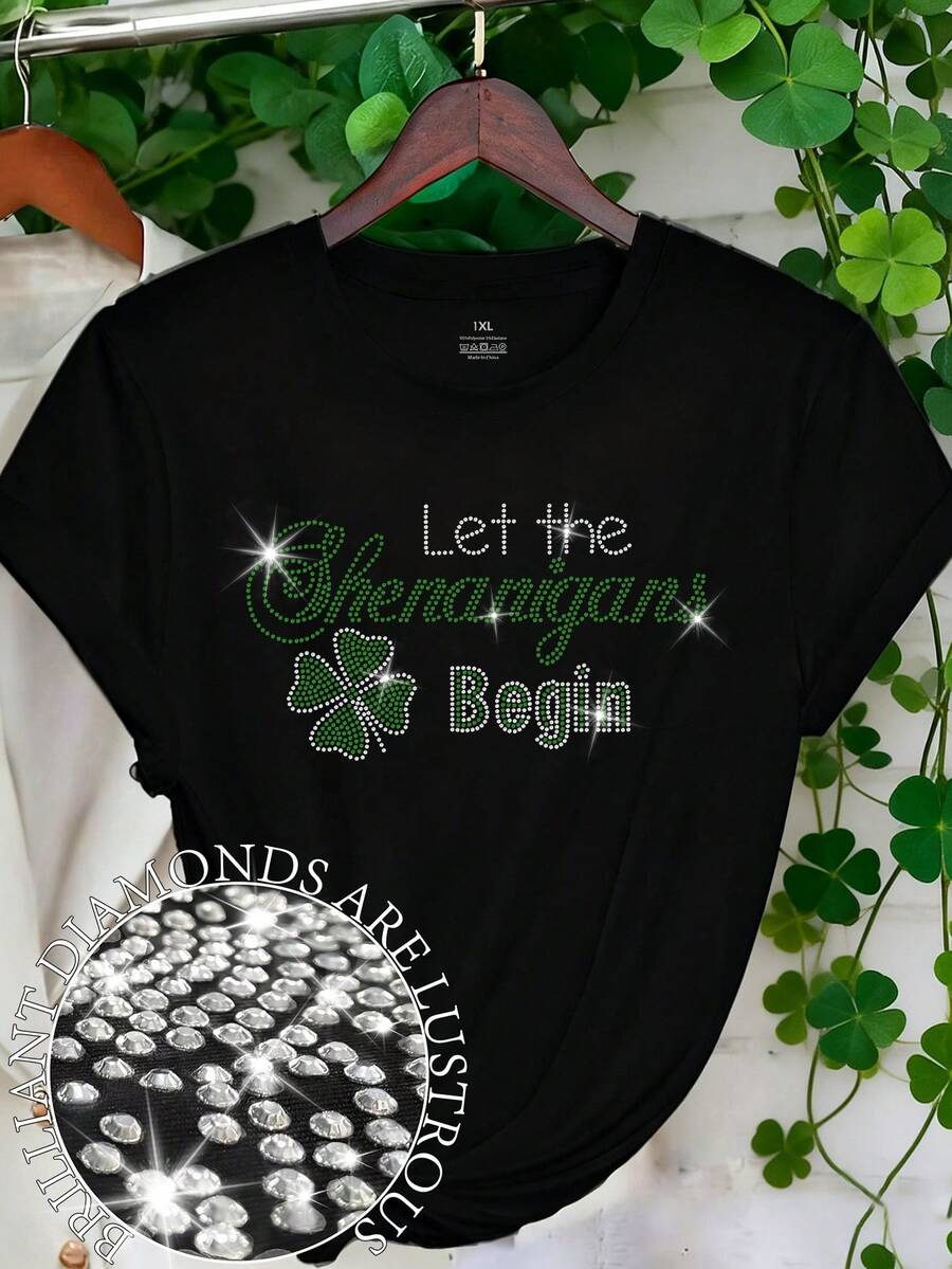 EMERY ROSE Let The Shenanigans Begin St. Patrick's Day Rhinestone Bling T-Shirt,Plus Size Women's Black And White,Summer,Smart Casual,Holiday T-Shirt - Black - View 1