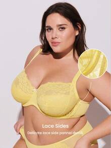 LUVLETTE Plus Woman Full Coverage Lingerie Lounge Curve Support & Breathable Yellow Underwire Sexy Unlined Minimizer Lace Elegance Bra Bridal Intimates - Yellow - View 6