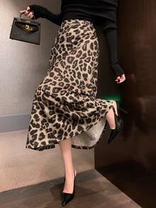 Dazy Tall Tall Women's Leopard Print Skirt, Elegant Straight Long Skirt - Brown - View 5