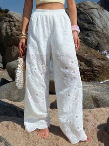 Livesso 女士弹力腰带烧花刺绣休闲百搭通勤阔腿裤 - 白色 - 查看 5