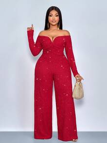 SOLERSUN Women's Fashionable Elegant V-Neck Off Shoulder Long Sleeve Party Night Club Sparkly Fabrics Jumpsuits, Suitable For Christmas Party Valentine's Day Dating,Fall,Winter,Sexy,Party,Elegant,Chinese Red,2026,New Year