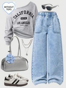 少女休闲时尚百搭浅蓝色水洗直筒牛仔裤 - 藍色 - 查看 1