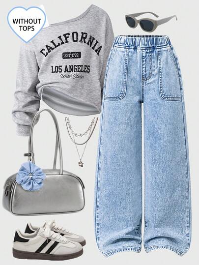 少女休闲时尚百搭浅蓝色水洗直筒牛仔裤