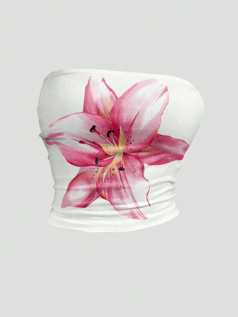 SHEIN Sweetro 女士夏季芙蓉花印花露脐抹胸上衣，Y2K风格度假沙滩装 - 白色 - 查看 1