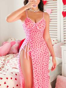 PetitDoll 情人节爱心印花网纱性感睡裙配蝴蝶结+丁字裤两件套