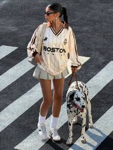 Muchica 女士休闲时尚街头通勤字母条纹印花V领宽松T恤，春秋季 - 黃色 - 查看 7