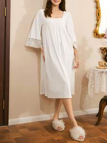 Elegant Bell Sleeve Women's Nightgown, French Riviera Style - White - View 3
