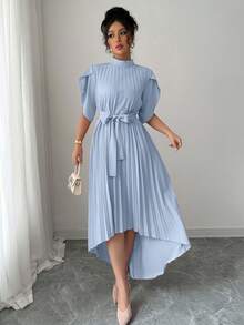 Elenzga 女士休闲纯色立领花瓣袖系带褶裥连衣裙 - 藍色 - 查看 6