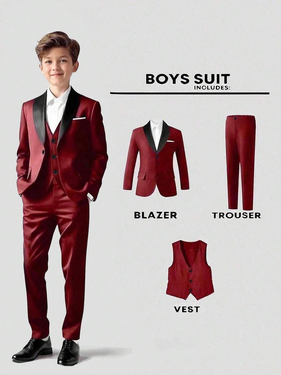 SHEIN 3PCS Tween Boy Gentleman Suit Set: Casual Blazer + Vest + Trousers, Elegant Formal Dress For Birthday Party, Wedding, Christening, Anniversary, Graduation Ceremony - Burgundy - View 1