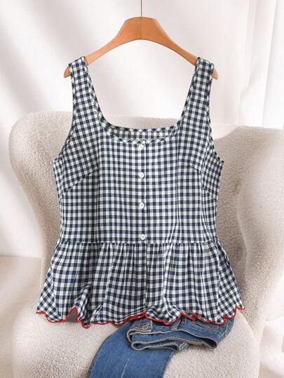 CosyJoli Plus Size Women Contrast Trim Top, Floral Trim Women's Outerwear, Cute New Women's Clothing, Plaid Top, Casual Women Apparel