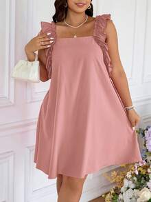 SHEIN Frenchy Plus Size Summer Elegant Ruffle Patchwork Women Dress, Suitable For Beach Vacation, Wedding Season, Date, Dresses, Spring Clothing - Dusty Pink - View 3