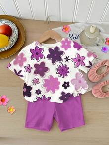 SHEIN Bộ 2 món cho bé gái, họa tiết hoa, màu tím, gồm áo thun cổ tròn tay ngắn và quần legging, thích hợp cho mùa xuân/hè, phong cách Y2K, thời trang thường ngày dễ thương cho bé gái, thời trang thu đông cho bé gái, phong cách thu đông mới, thời trang hoa, K-Pop, bộ đồ hai mảnh cho bé gái, thời trang giá cả phải chăng. - Nhiều màu - Xem 2