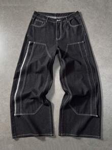 ROMWE MEN Street Life 男士休闲水洗字母印花牛仔裤 - 黑色 - 查看 2