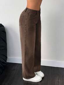 SHEIN PETITE 女款口袋寬鬆寬腿休閒百搭牛仔褲 棕色高腰西式牛仔褲 女牛仔褲 小碼女款 - 咖啡棕 - 查看 5