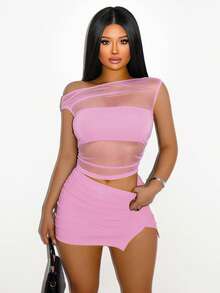 Sirith 女士纯色网纱拼接不对称肩部上衣和侧开衩修身迷你裙性感时尚两件套 - 粉色 - 查看 3