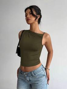 Aloruh 女士性感优雅圆领褶皱酒红色露脐无袖上衣 - 軍綠色 - 查看 2