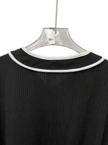 GlowEve 女士优雅长袖裹身裙，撞色饰边和结饰 - 黑色 - 查看 6