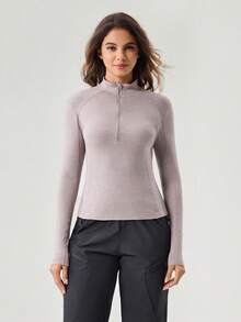 OutZeal Women Outdoor Tee Long Sleeve Top Hiking Camping Stand Collar Front Half Zip Feature Thumbhole - Grey - View 9