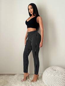 SHEIN SXY Women's Business Casual Black And White Striped Pants With Waist Ring,Elegant ,Business Casual Outfits Women, Striped - Black and White - View 9